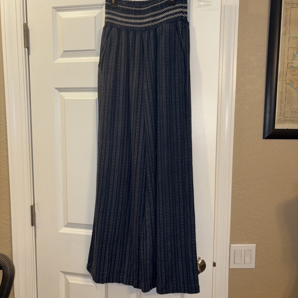 Rewash Women's Linen Blend Wide Leg Striped Pants, Large